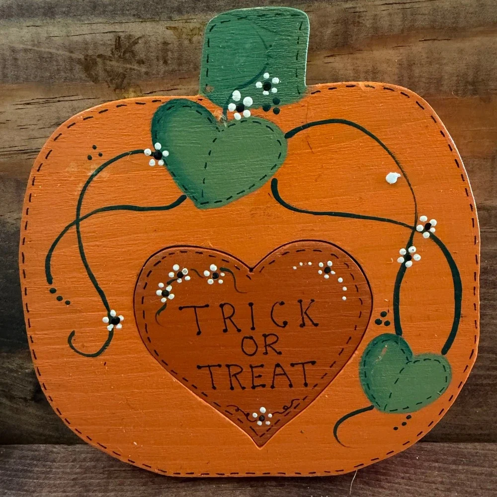Handcrafted Bob & Zenna Meeks Wooden Ghost Pumpkin Halloween Shelf Sitter Set